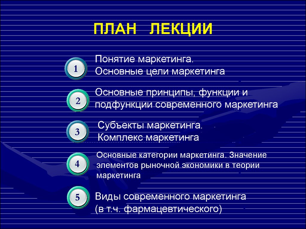 Лекция понятие маркетинга. Основные субъекты фармацевтического маркетинга. Основные принципы плана маркетинга. Подфункции экономической функции. Маркетинговые категории