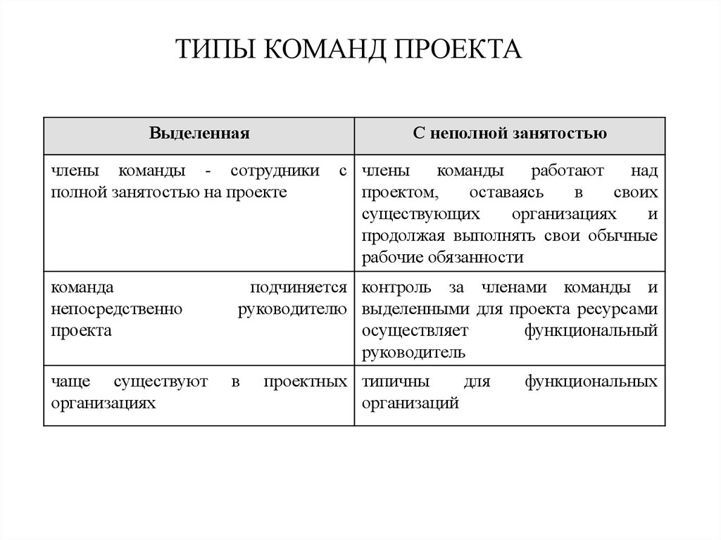 К характеристикам команды проекта относят