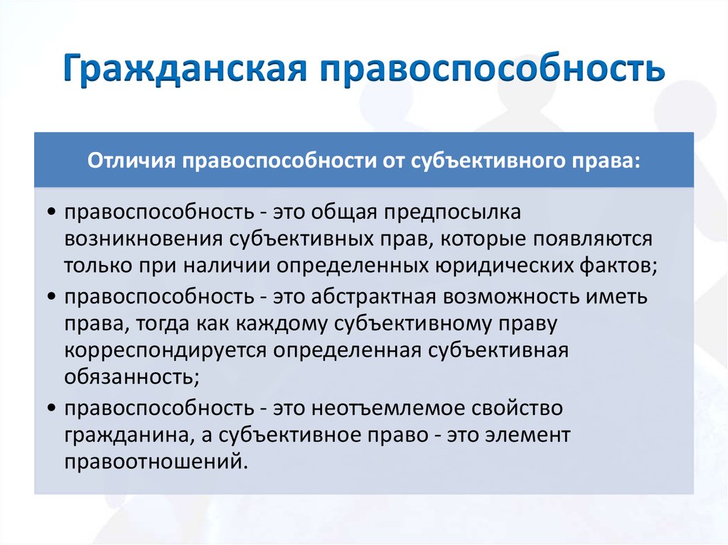 Отличие гражданско правового. Гражданская правоспособность. Правоспособность в гражданском праве. Права гражданской правоспособности. Соотношение гражданской правоспособности и субъективного.