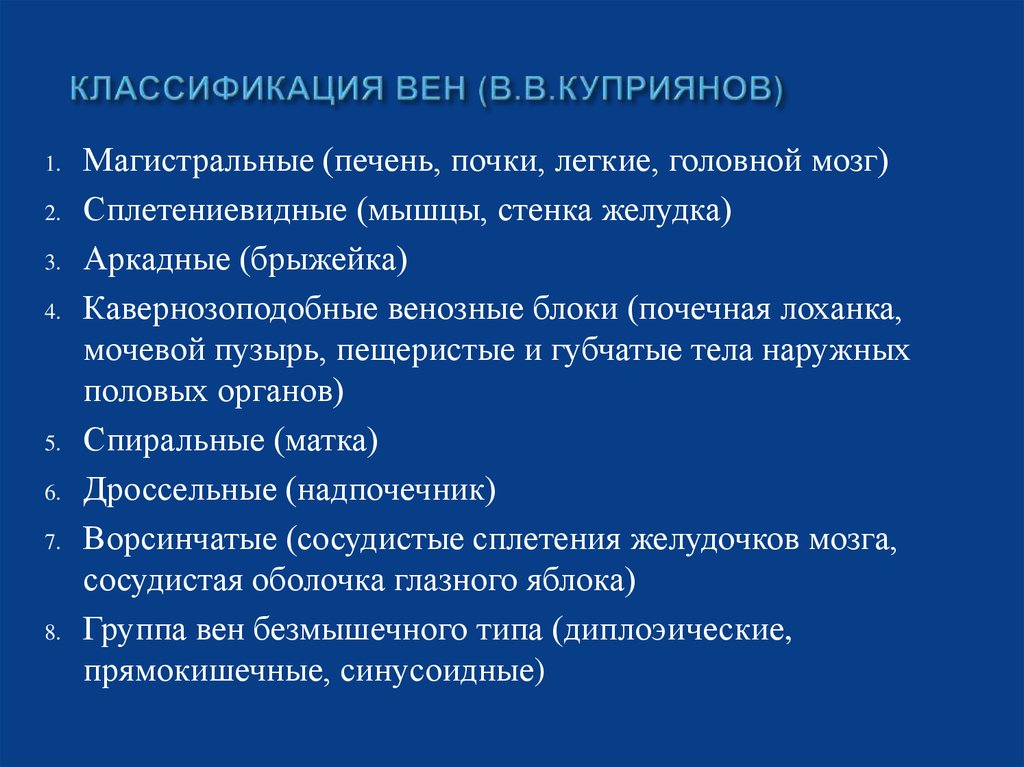 КЛАССИФИКАЦИЯ ВЕН (В.В.КУПРИЯНОВ)