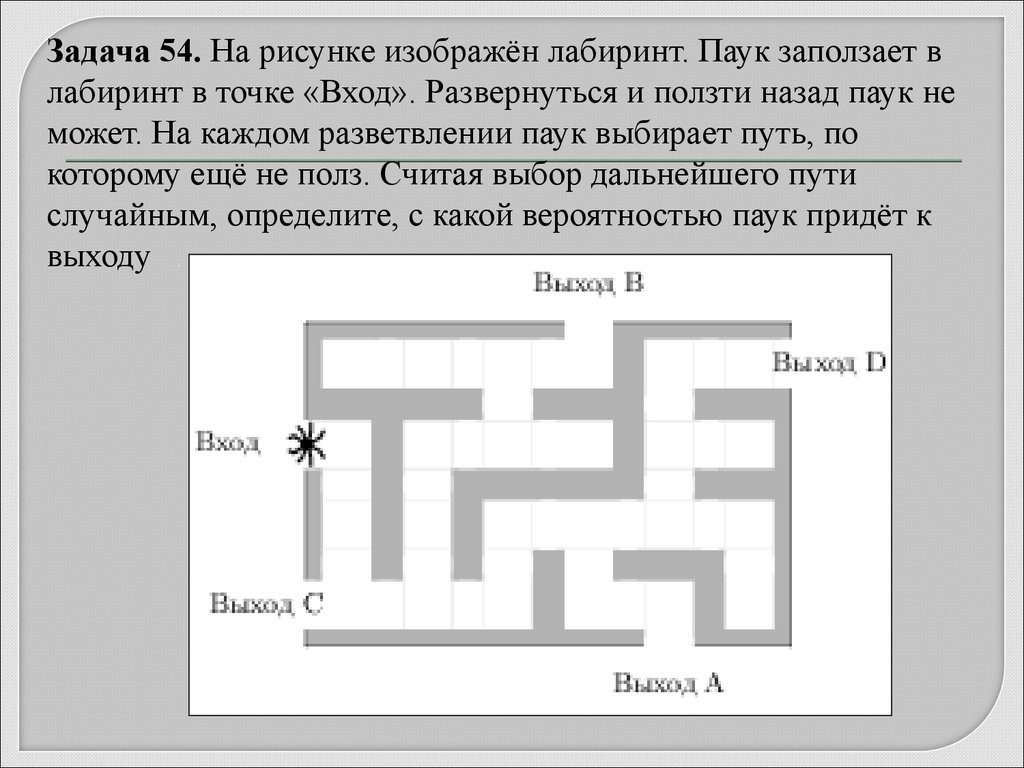 Случайный лабиринт. Задача про паука в лабиринте. На рисунке Лабиринт паук заползает в Лабиринт. Задача про паука на вероятность. Паук в лабиринте ЕГЭ.