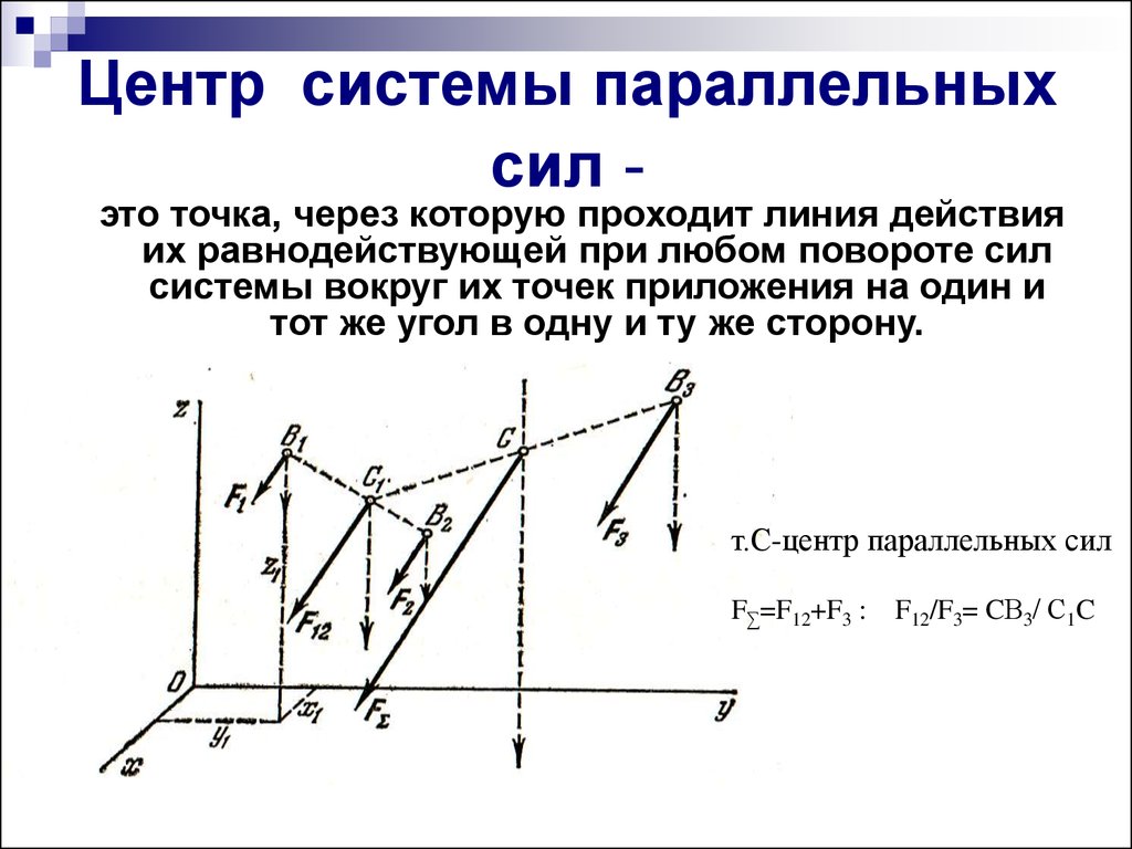 Сила координаты. Центр системы параллельных сил теоретическая механика. Формулы для определения координат центра параллельных сил. Центр тяжести параллельных сил. Радиус вектор центра параллельных сил формула.