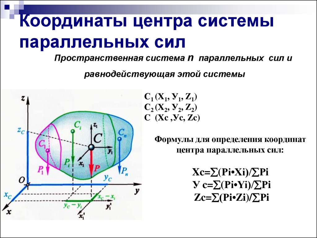 Физические координаты. Центр параллельных сил теоретическая механика. Формулы для определения координат центра параллельных сил. Центр тяжести центр параллельных сил. Радиус вектор центра параллельных сил формула.