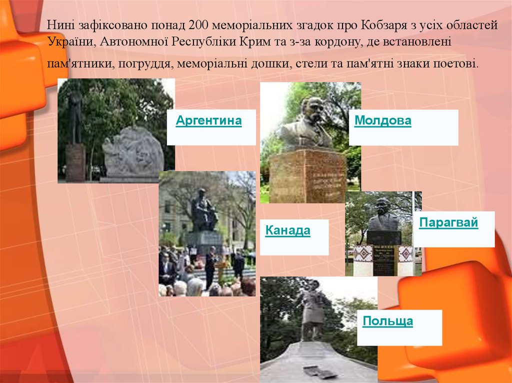 Нині зафіксовано понад 200 меморіальних згадок про Кобзаря з усіх областей України, Автономної Республіки Крим та з-за кордону, де встановле