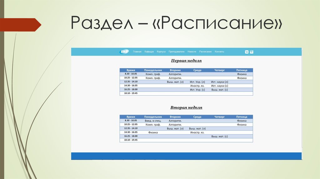 Раздел – «Расписание»