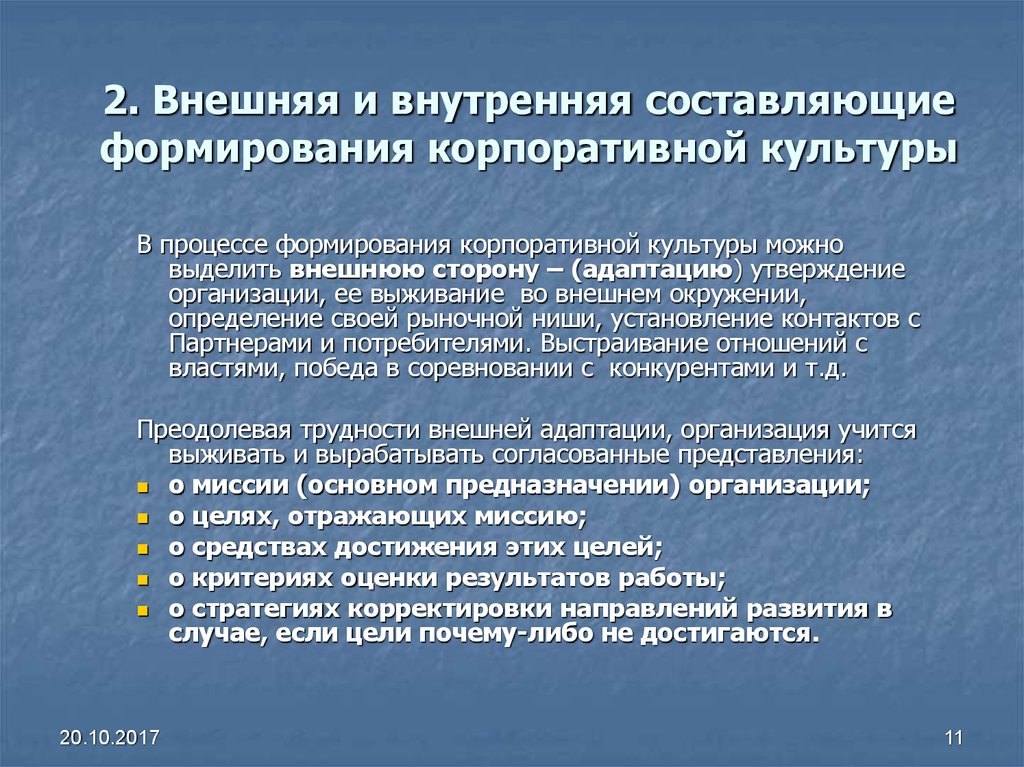 Внешнее составляющее. Принципы формирования корпоративной культуры. Процесс формирования корпоративной культуры. Корпоративная культура внешняя и внутренняя. Разработка корпоративной культуры.