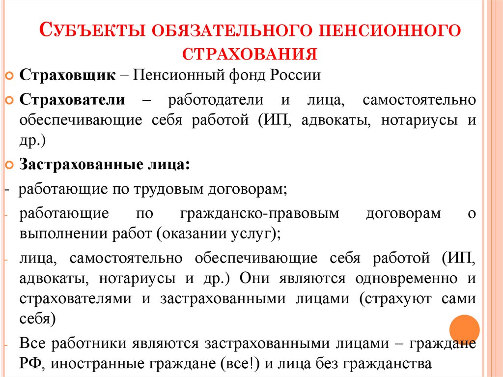 Субъектами обязательного страхования являются. Субъекты обязательного пенсионного страхования. Участники правоотношений по обязательному пенсионному страхованию. Субъектом обязательного пенсионного страхования не являются. Субъекты обязательного пенсионного страхования схема.