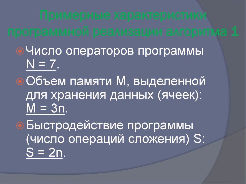 Примерные характеристики программной реализации алгоритма 1