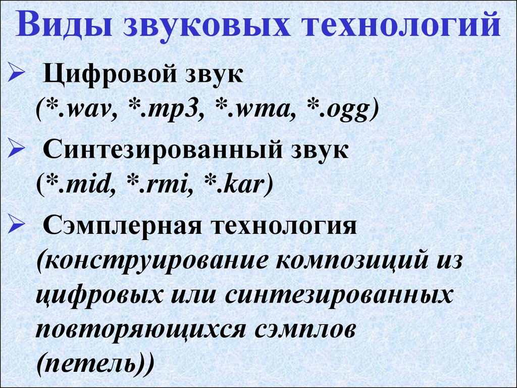 Виды звуковых. Разновидности звуков. Типы звуков. Виды аудиофайлов. Синтезированный звук.