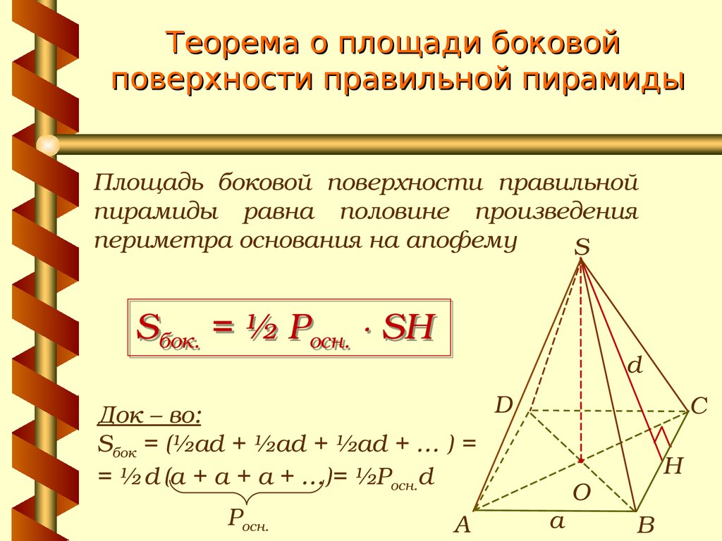 Произведение периметра основания на апофему. Пирамида площадь боковой поверхности правильной пирамиды. Формула нахождения площади боковой поверхности пирамиды. Формула боковой поверхности правильной пирамиды. Площадь боковой поверхности правильной треугольной пирамиды формула.