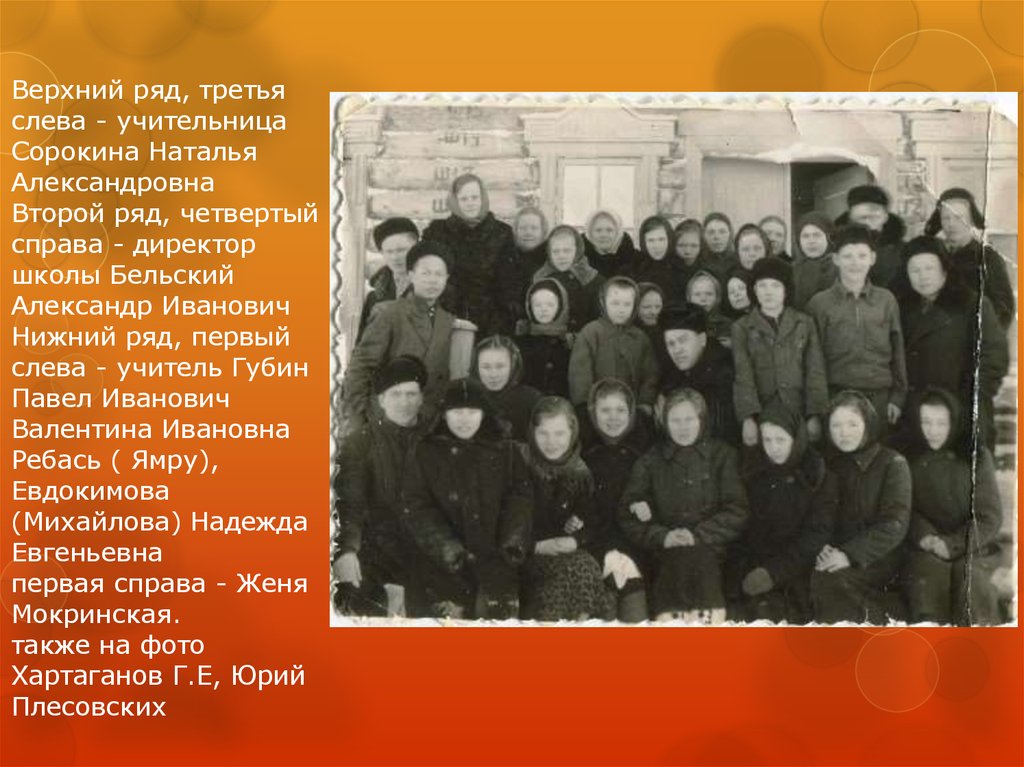 Верхний ряд, третья слева - учительница Сорокина Наталья Александровна Второй ряд, четвертый справа - директор школы Бельский Александр Ив