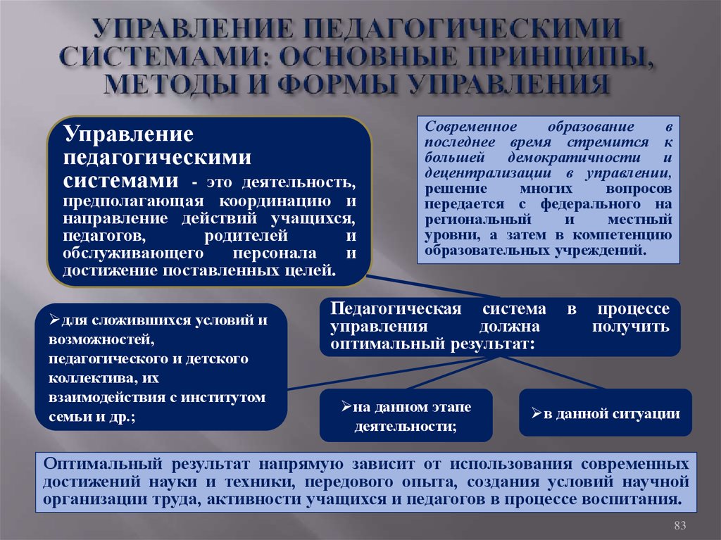 Формы управления. Принципы управления педагогическими системами. Методы управления педагогическими системами. Подходы управления педагогической системой. Основные принципы управления образовательными системами.