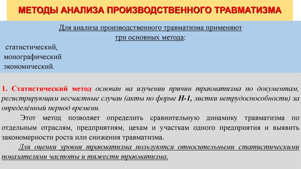 Монографический метод анализа. Методы анализа травматизма. Методам анализа производственного травматизма. Методы исследования производственного травматизма. Статистический метод анализа производственного травматизма.