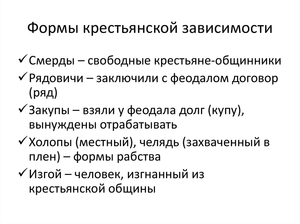 Крестьянская зависимость в средние века виды. Формы крестьянской зависимости. Виды зависимости крестьян. Формы зависимости крестьян от феодалов.