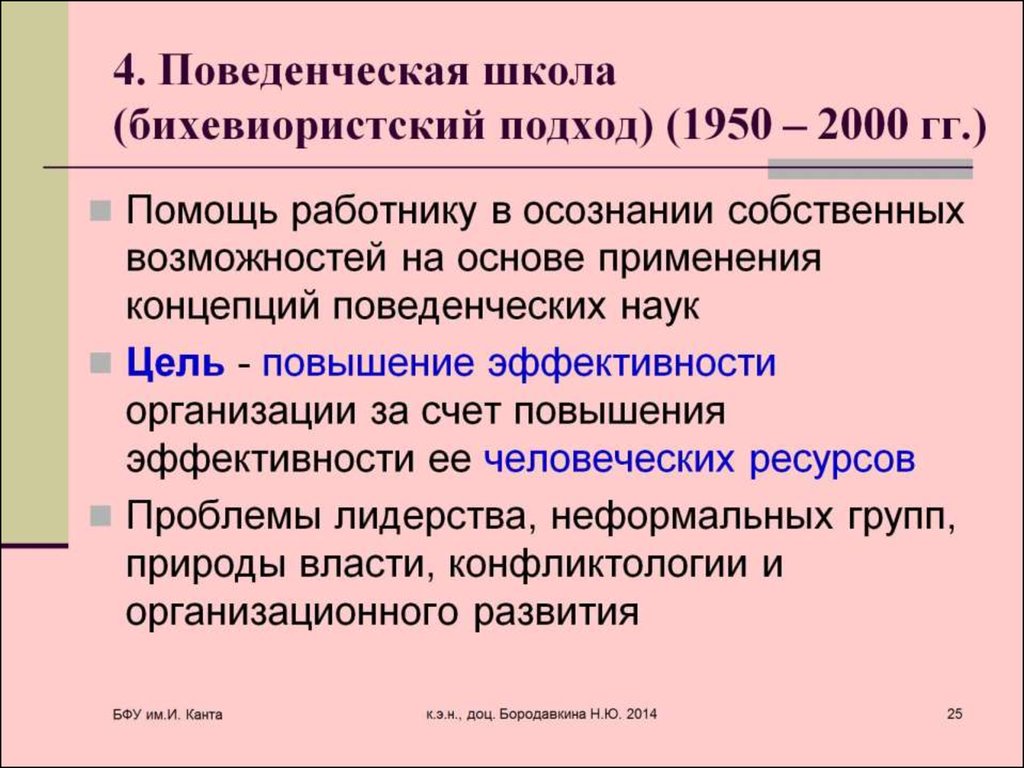 4. Поведенческая школа (бихевиористский подход) (1950 – 2000 гг.)
