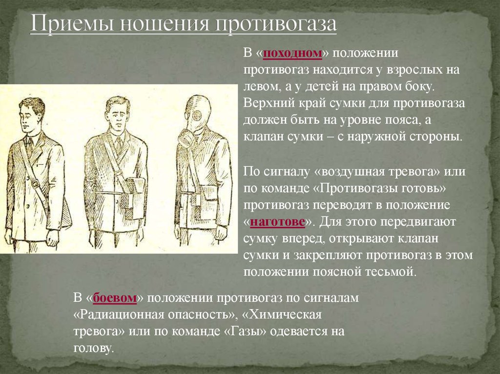 Положение от 03.08 1972. Способы переноски противогаза. Походное положение противогаза. Приемы ношения противогаза. Порядок ношения противогаза.