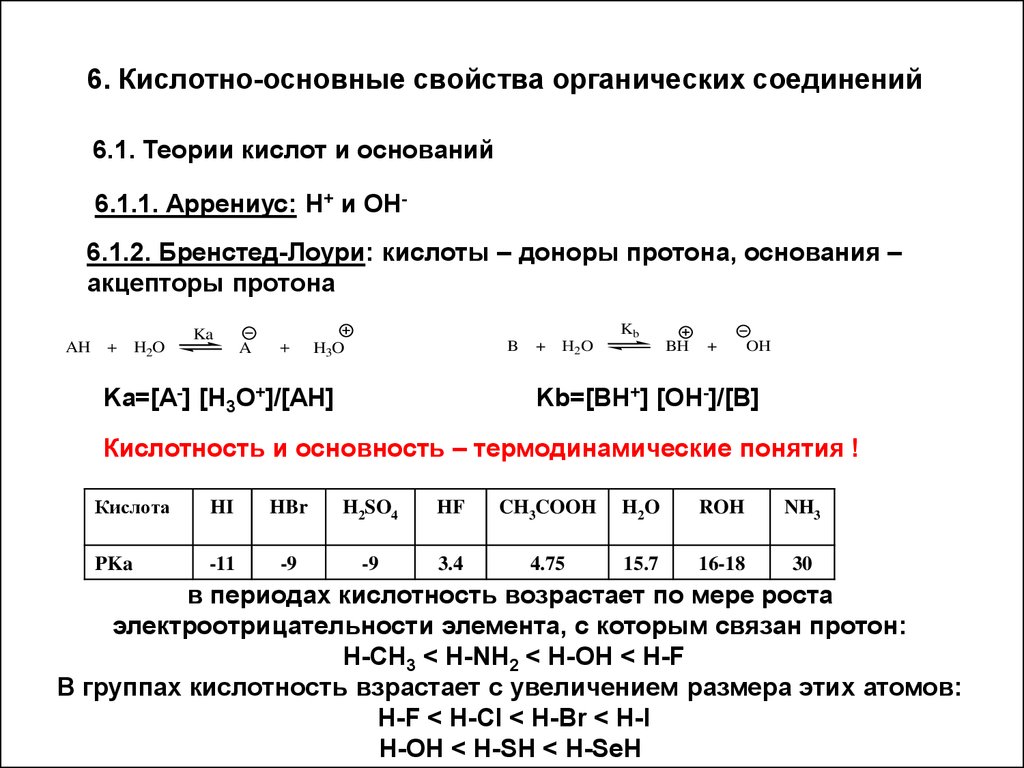 Кислотно основные свойства. Центры кислотности в органических соединениях. Ряд увеличения кислотных свойств органических соединений. Ряд усиления кислотных свойств органических соединений. Порядок усиления кислотных свойств органических соединений.