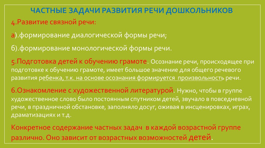 Содержание частной. Частные задачи речевого развития. Задачи развития Связной речи дошкольников. Задачи и содержание работы по развитию монологической речи. Задания на развитие диалогической речи.