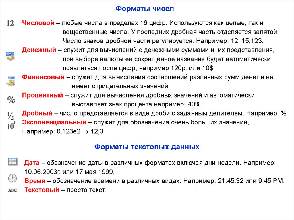 Любое количество символов. Форматы чисел. Общий Формат числа. Перечислить Форматы чисел. Пример формата числа.