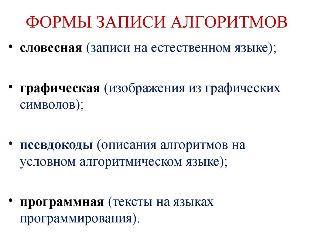 Наибольшей наглядностью обладает следующая форма записи алгоритмов