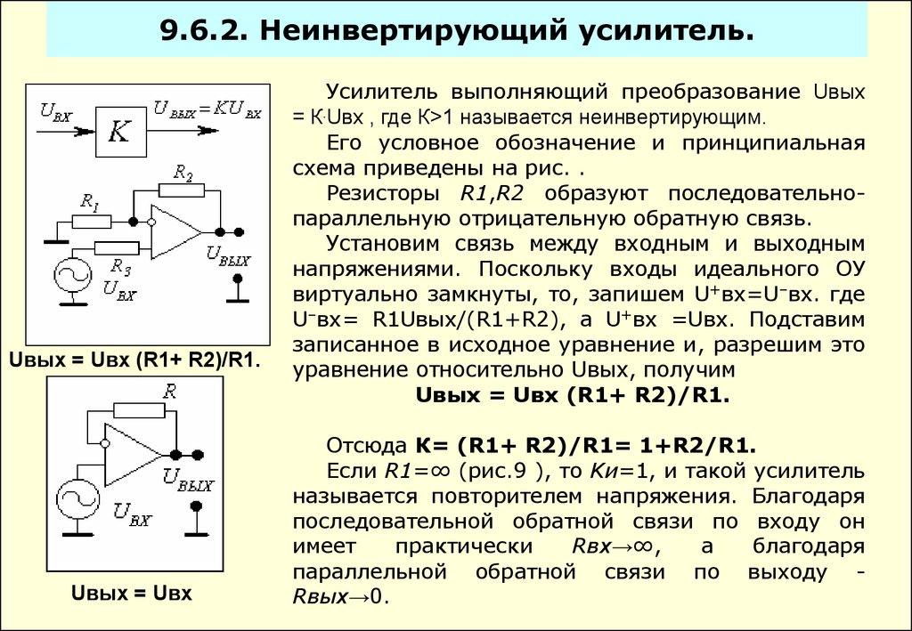 Выполни преобразование. Неинвертирующий операционный усилитель. Неинвертирующая схема включения операционного усилителя. Uвых неинвертирующий усилитель. Коэффициент усиления неинвертирующего усилителя.