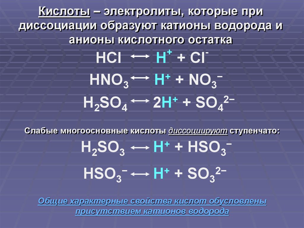 Кислоты – электролиты, которые при диссоциации образуют катионы водорода и анионы кислотного остатка