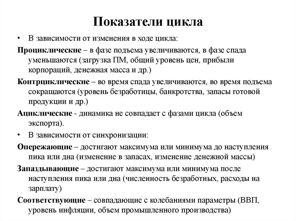 Циклов зависит от. Показатели цикличности. Макроэкономические показатели в фазе подъема. Опережающие показатели цикла. Виды показателей цикла.