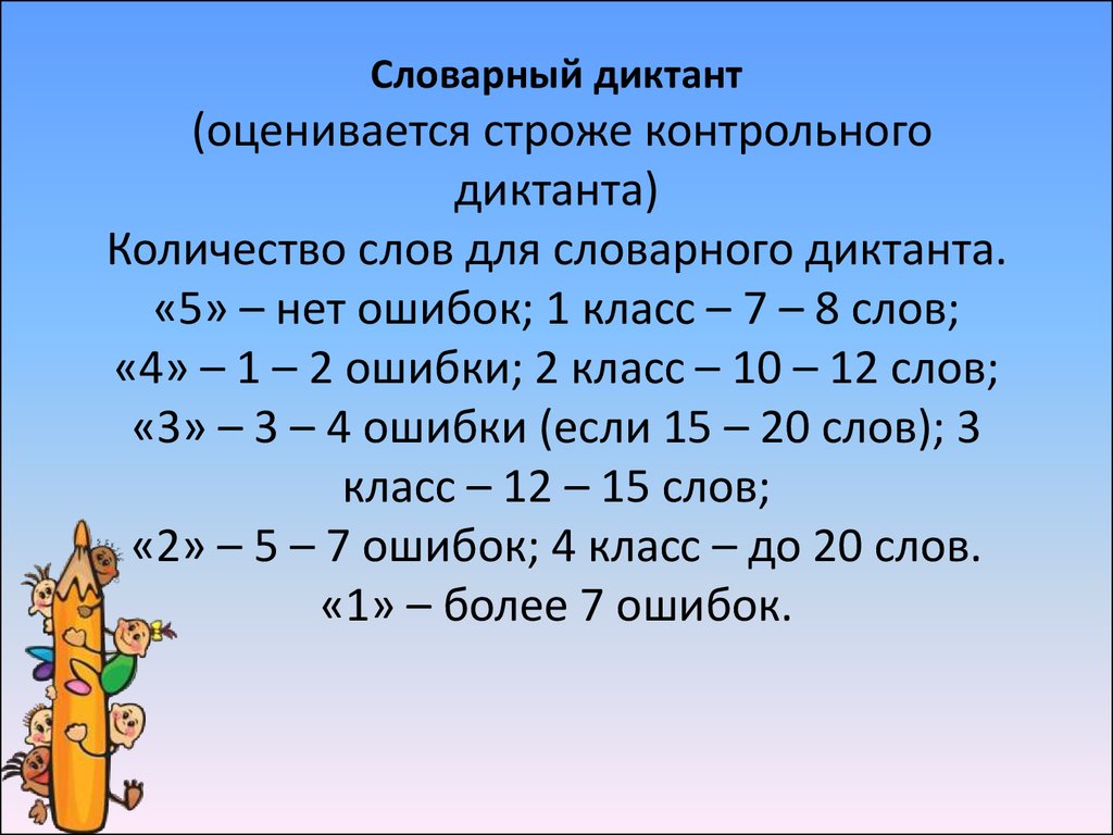 Словарный диктант  (оценивается строже контрольного диктанта) Количество слов для словарного диктанта. «5» – нет ошибок; 1 класс – 7 – 8 сло