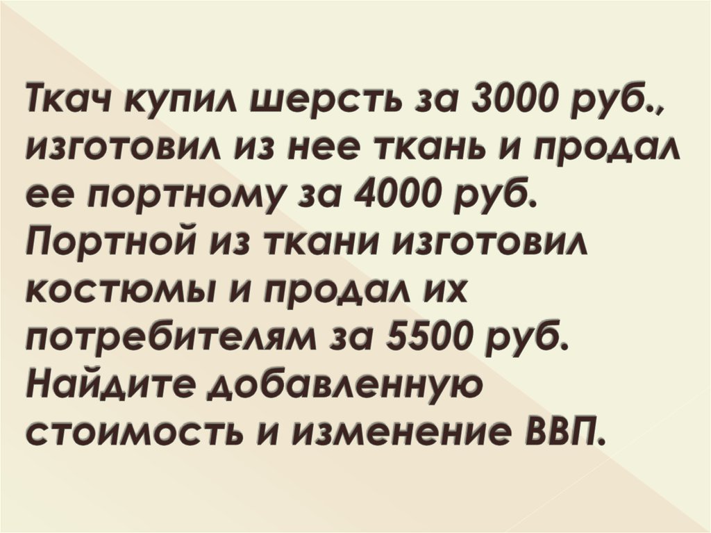 Ткач купил шерсть за 3000 руб., изготовил из нее ткань и продал ее портному за 4000 руб. Портной из ткани изготовил костюмы и продал их потребите