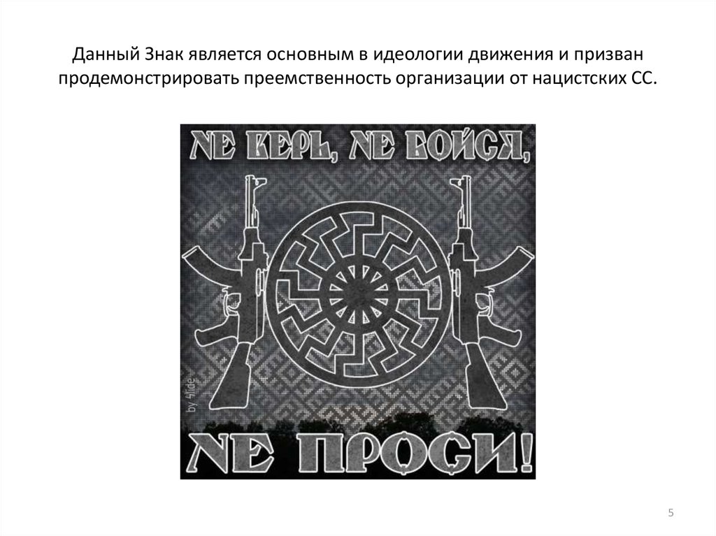 Данный Знак является основным в идеологии движения и призван продемонстрировать преемственность организации от нацистских СС.