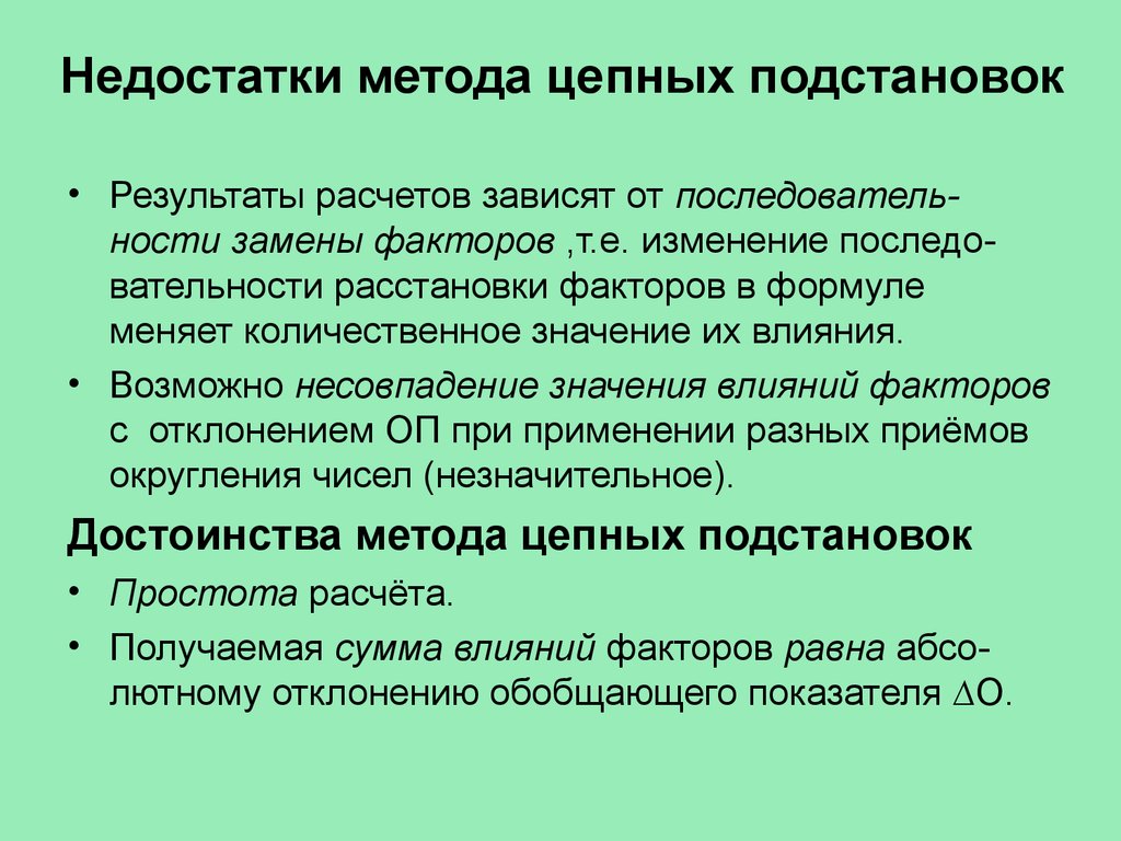 Недостатки методов. Метод цепных подстановок недостатки. Недостатки метода подстановки.