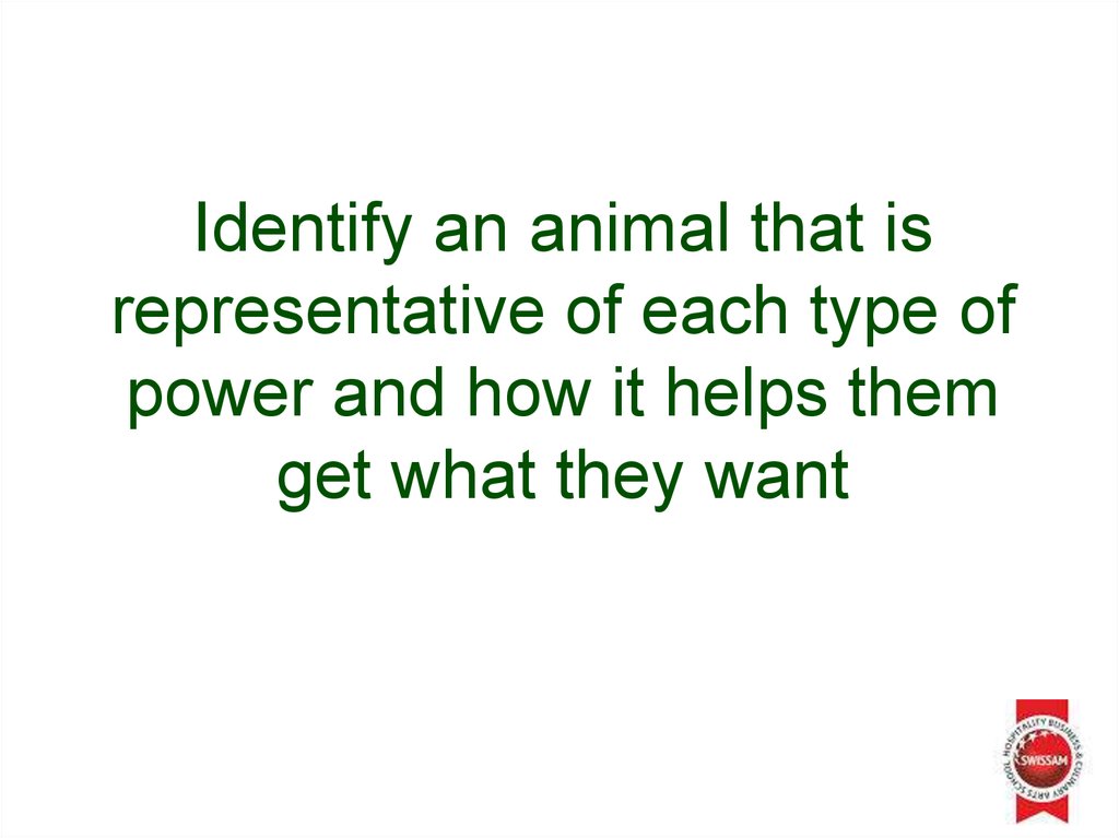 Identify an animal that is representative of each type of power and how it helps them get what they want