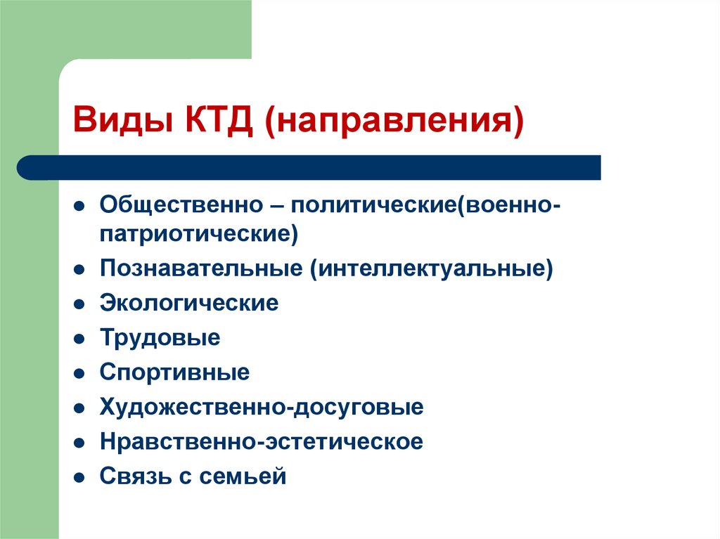 Видом дел. Направления КТД. Виды КТД. Коллективные творческие дела классификация. Направленность КТД.