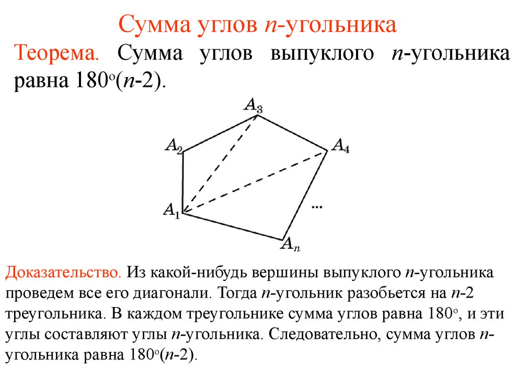 Чему равна сумма углов выпуклого угольника. Теорема о сумме углов выпуклого многоугольника. 2. Теорема о сумме углов выпуклого многоугольника. Сумма углов выпуклого n-угольника равна 180 n-2. Доказать теорему о сумме выпуклых углом многоугольника..