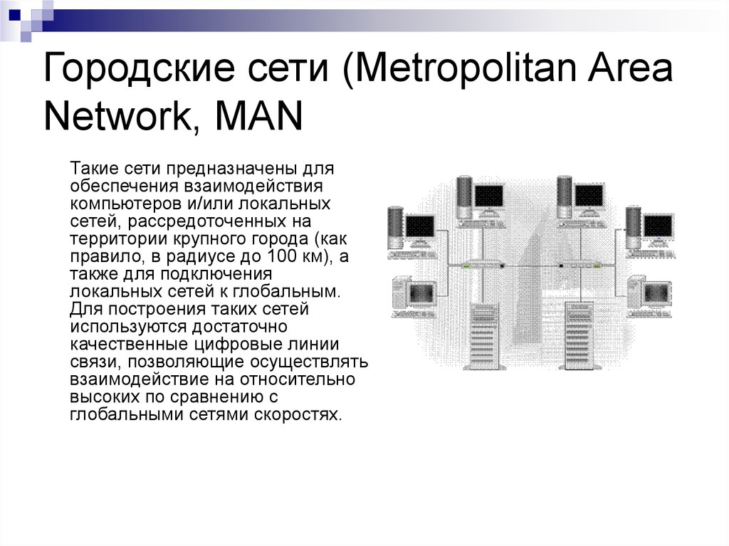 Муниципальные сети. Муниципальные сети (Metropolitan area Network, man). Man или Metropolitan area Network (компьютерные сети масштаба города). Термин man Metropolitan area Network используется для обозначения сетей. Городская вычислительная сеть.