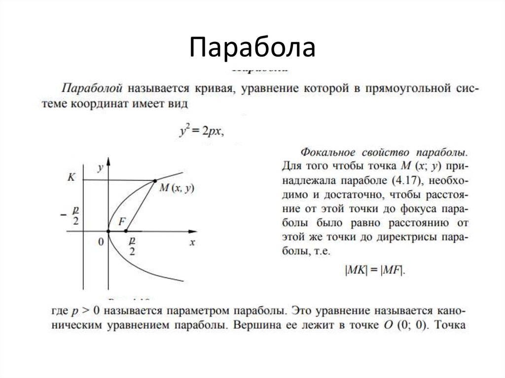 Расстояние от фокуса до директрисы параболы равно. Уравнение параболы и ее свойства. Фокус и директриса параболы формула. Уравнение фокуса параболы. Фокальный параметр параболы формула.