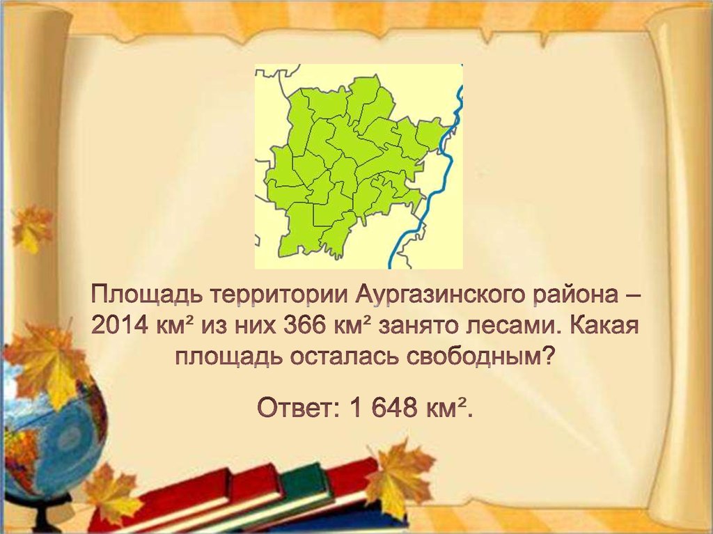 Площадь территории Аургазинского района – 2014 км² из них 366 км² занято лесами. Какая площадь осталась свободным?