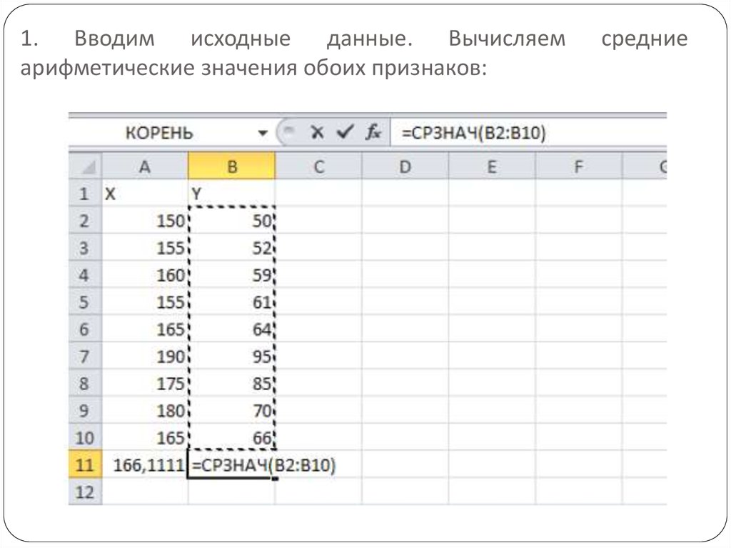 1. Вводим исходные данные. Вычисляем средние арифметические значения обоих признаков: