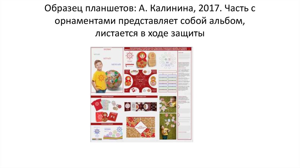 Образец планшетов: А. Калинина, 2017. Часть с орнаментами представляет собой альбом, листается в ходе защиты