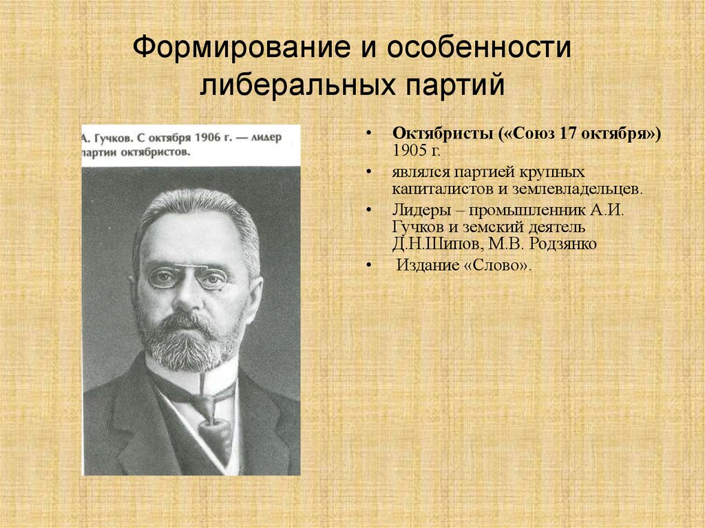 Либеральное направление партии. Октябристы Гучков Родзянко. Лидеры либеральной партии 1905. Гучков партия 17 октября кратко. Формирование либеральных партий.