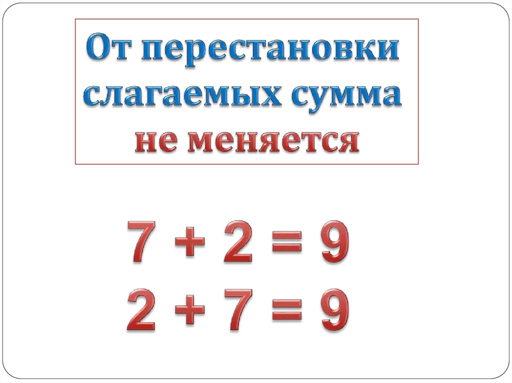 Сумма не меняется. От перестановки слагаемых сумма не меняется. Правило от перестановки слагаемых сумма не меняется. От перемены мест слагаемых сумма не меняется. Правило от перестановки слагаемых.