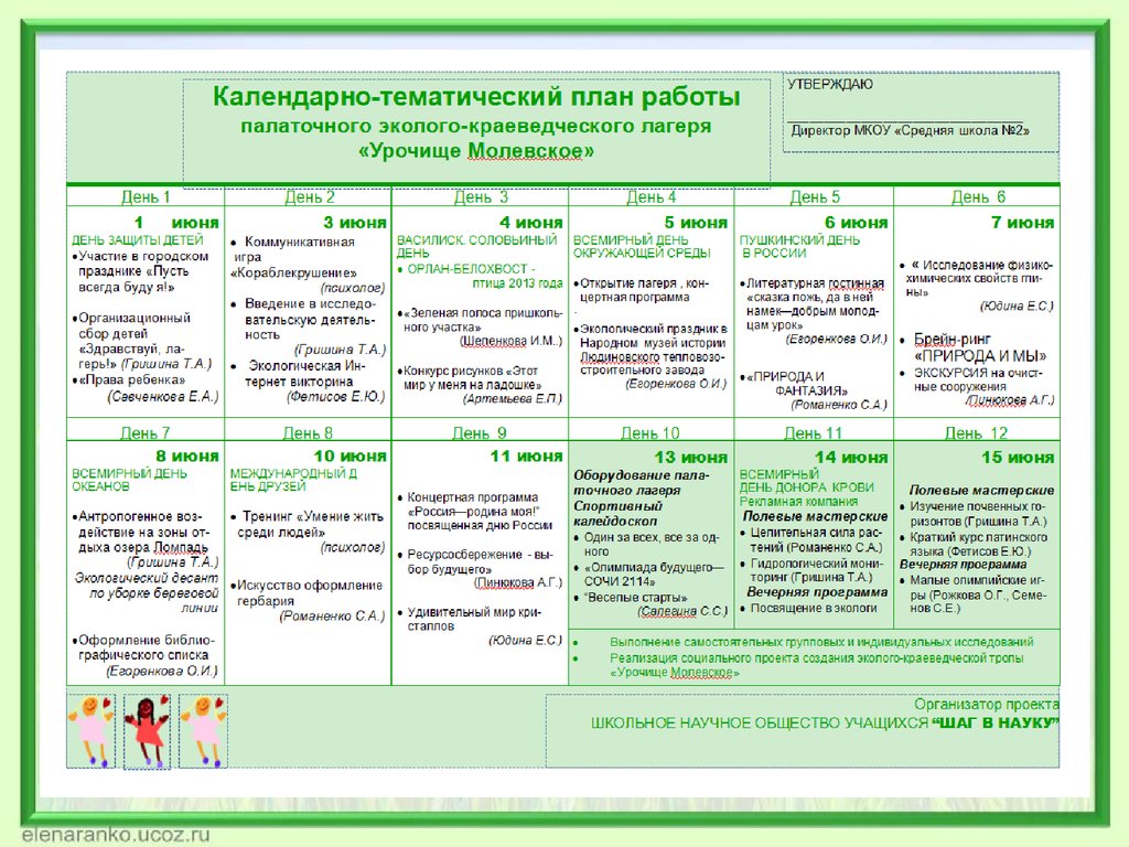 Календарный план летнего лагеря в школе