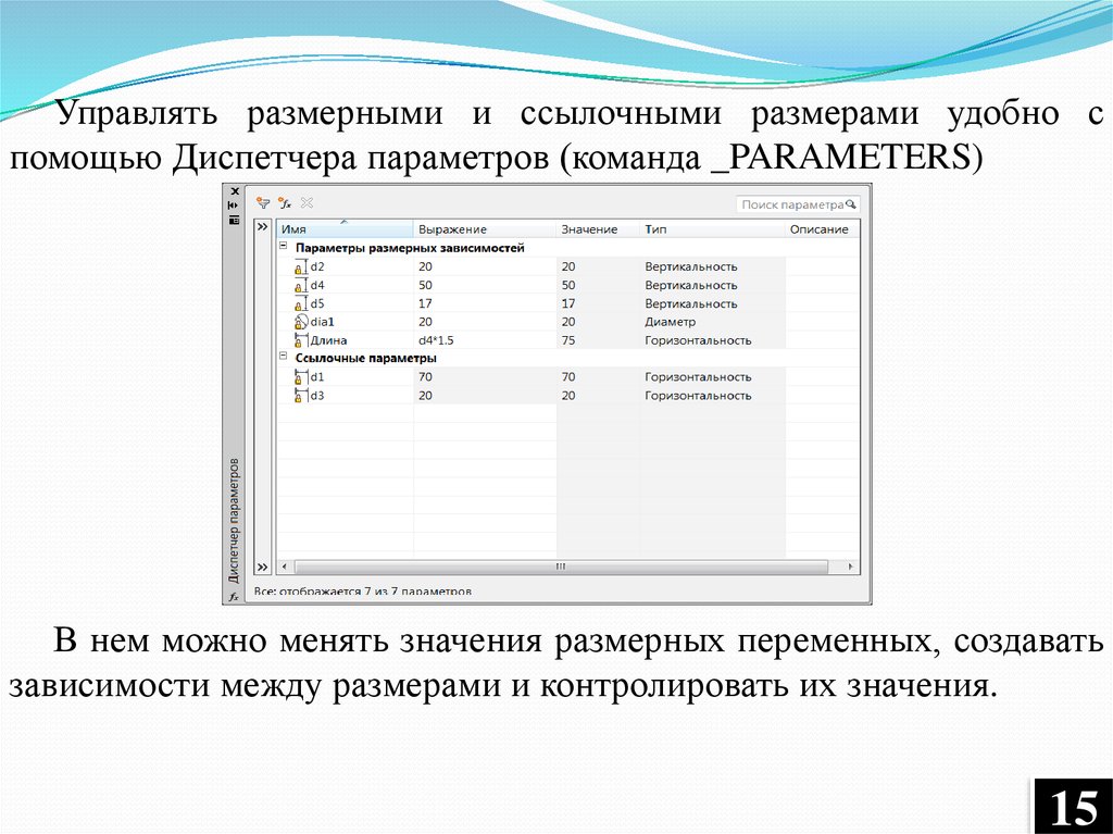 Размерность значения. Параметры размерных зависимостей. Изменение параметров модели. Как с помощью диспетчера параметров изменить размер. Как изменить параметры модели.