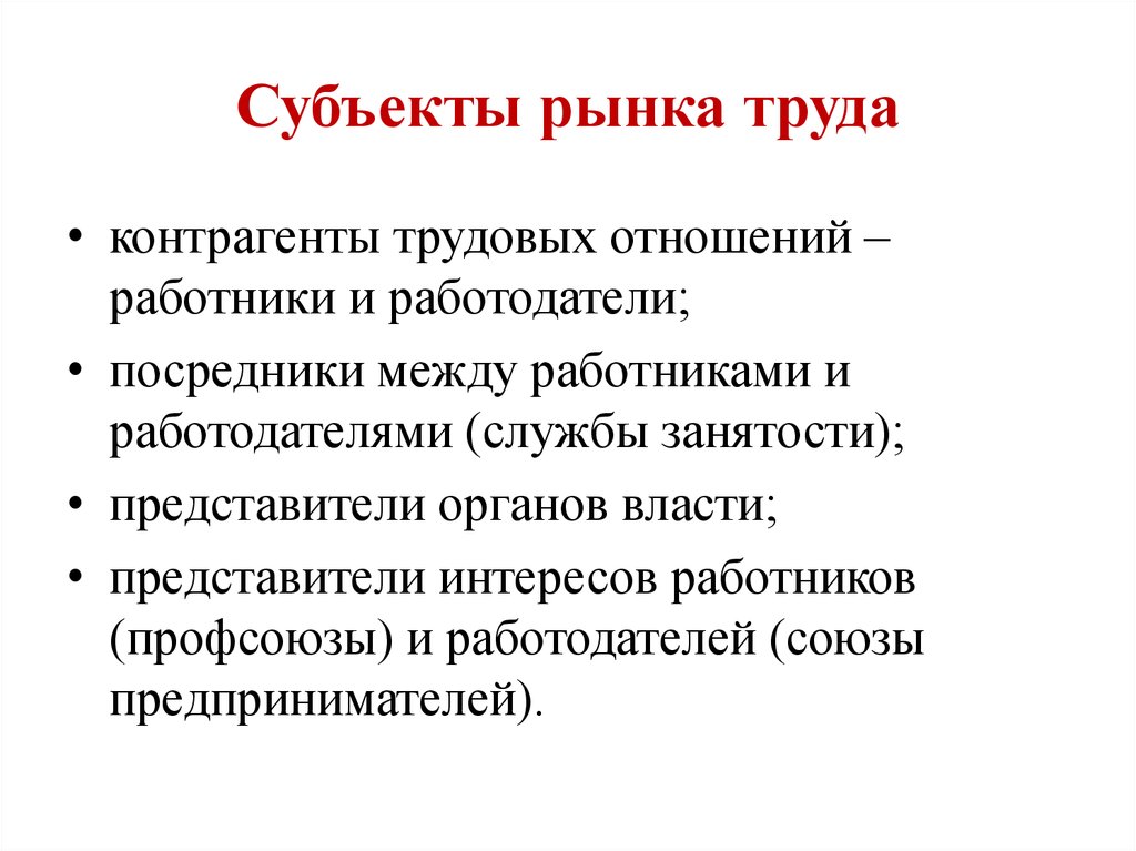 Субъекты рынка труда. Основные субъекты рынка труда. Объектом отношений на рынке труда выступает. Перечислите субъекты рынка труда.