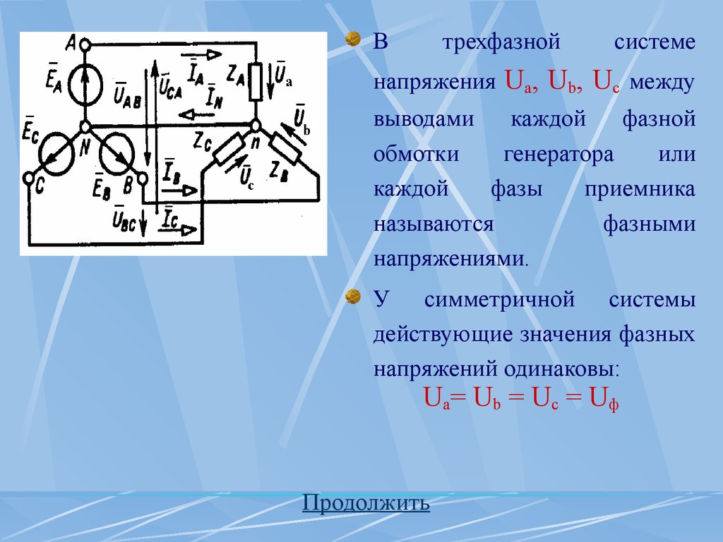 Трехфазное напряжение. Трехфазная система напряжений. Фазное напряжение источника. Схема трехфазной цепи.