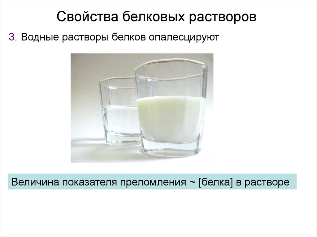 Коллоидный раствор белков. Свойства растворов белков. Опалесценция белковых растворов. Свойства белковых растворов. Водные свойства белков.