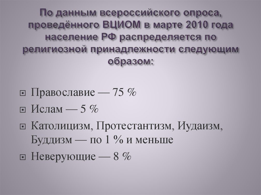 По данным всероссийского опроса, проведённого ВЦИОМ в марте 2010 года население РФ распределяется по религиозной принадлежности следующим 