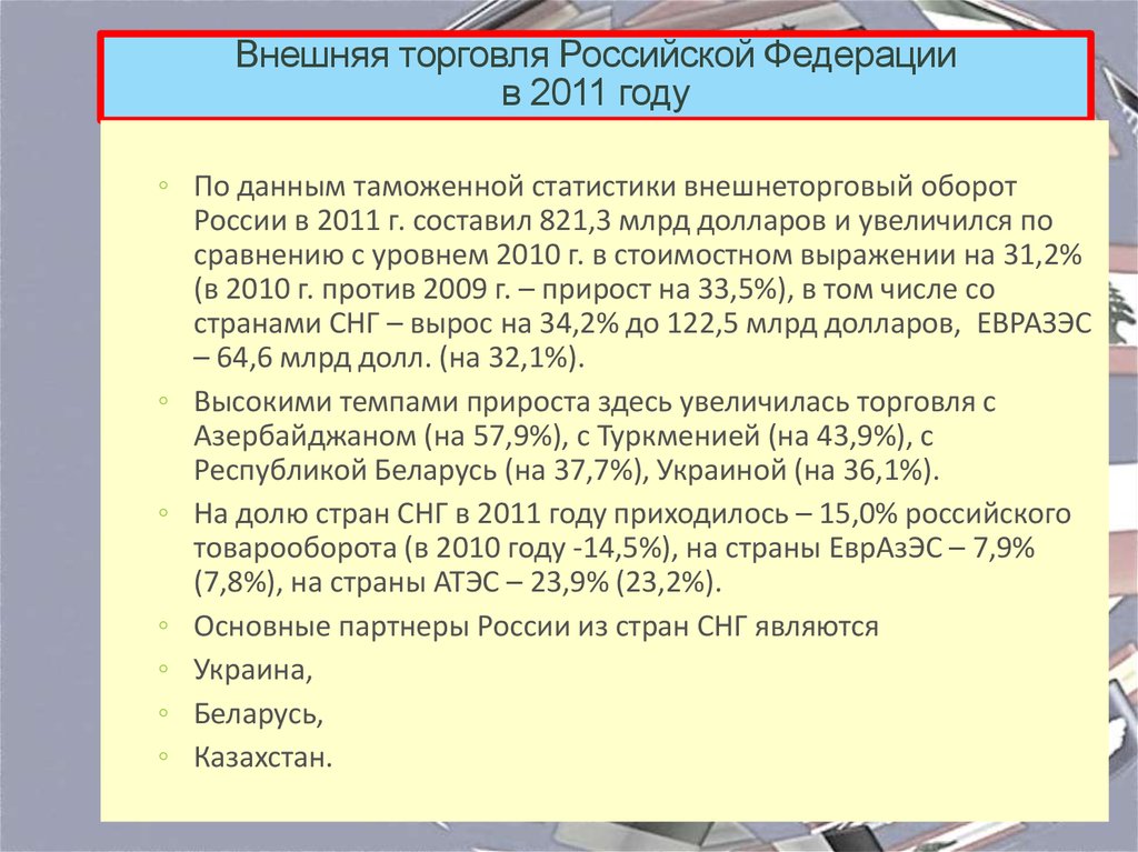 Внешняя торговля государства. Внешняя торговля Российской Федерации в 2011. Внешняя политика РФ со странами СНГ В 1991-2011гг.. Общая таможенная статистика в России. «Внешняя торговля Росси со странами СНГ» атлас 9 класс.