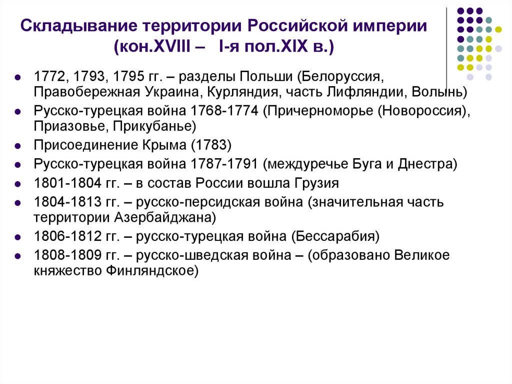 Складывание территории Российской империи (кон.XVIII – I-я пол.XIX в.)