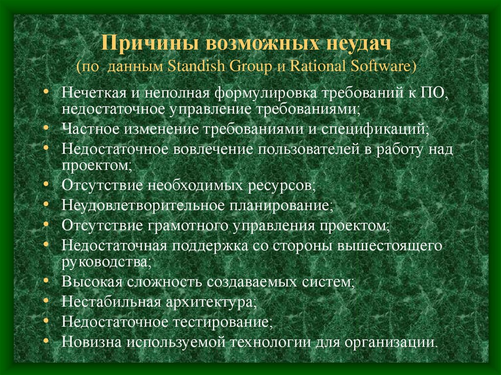 Изменения частного. Standish Group требования причины провалов.